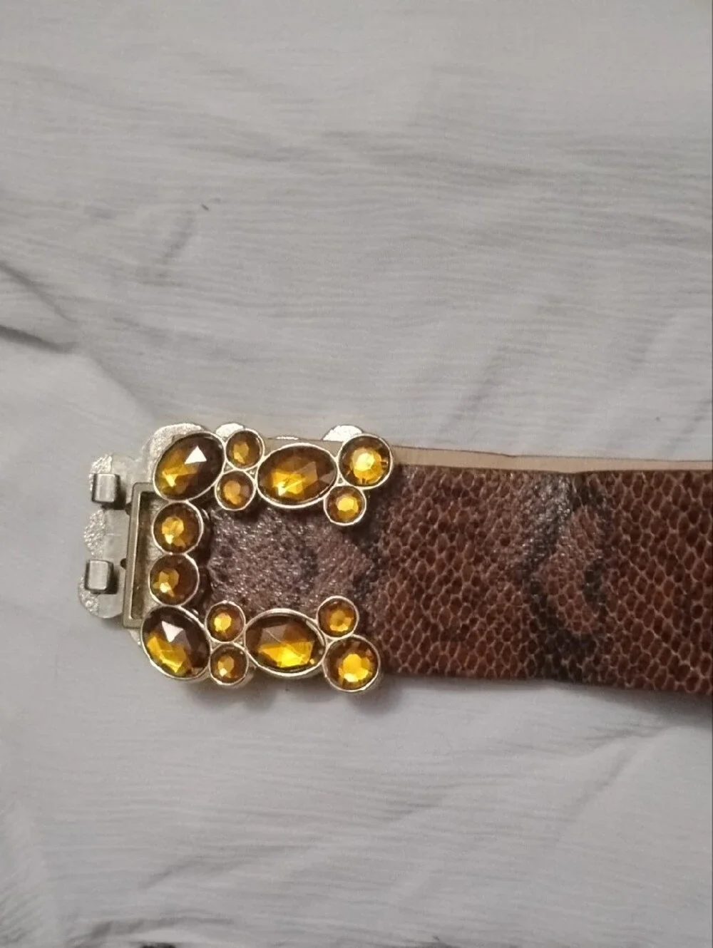 Source Unknown Brown Snake-Print Waist Belt with Amber Gems
